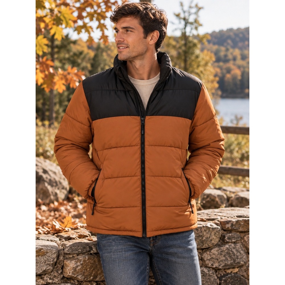 Lands End Mens Puffer Jacket Large Brown Black Colorblock Insulated Full Zip NEW